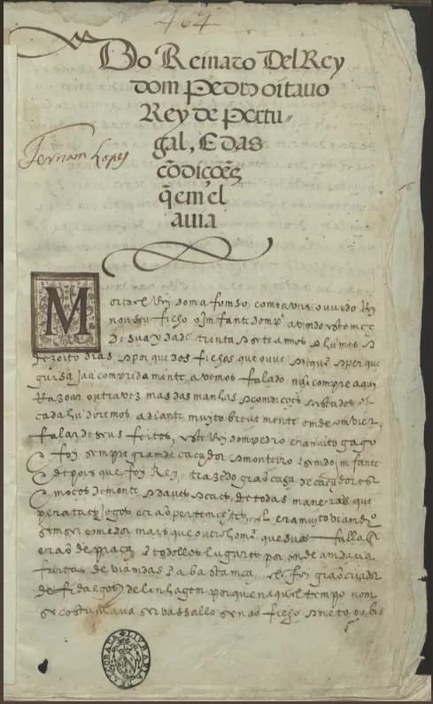 A yellowed manuscript page in a sixteenth-century hand, with a large decorated initial M, a heading in larger script and the name Fernam Lopez written in the left margin.