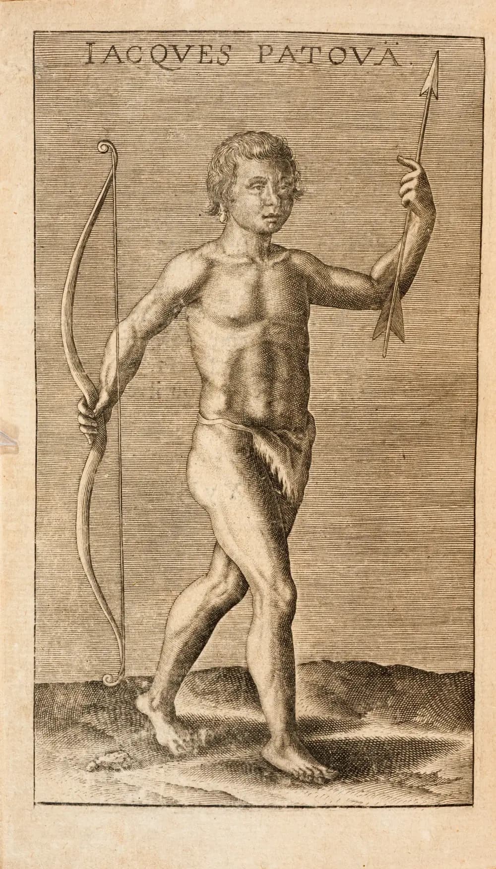 Engraving of a young Indigenous man walking barefoot, wearing only a loincloth, holding a tall bow in his right hand and an arrow raised in his left. His name, Jacques Patoua, is engraved above him.