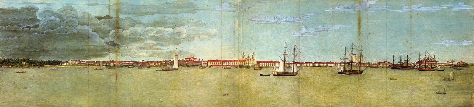 A long watercolour panorama of a low waterfront town seen from the water: rows of white houses with red roofs, two church towers and large public buildings, with sailing ships and canoes on the broad bay in front and forest at the far left.