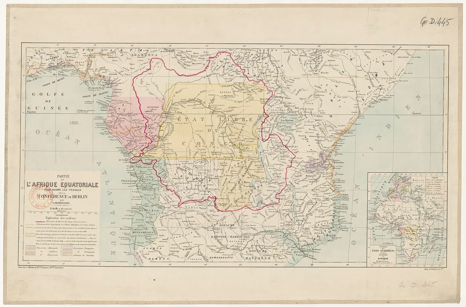Coloured French map of central Africa from the Gulf of Guinea to the Indian Ocean. A red line encloses the basin of the Congo, a large yellow area in the middle is labelled État Libre du Congo, and Portuguese Angola and Mozambique are tinted along the two coasts.