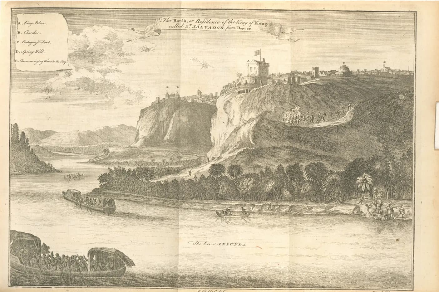 Copperplate engraving of a town of churches and a fortified palace on a steep rocky plateau above a wide river, with forest along the bank and canoes and a covered boat full of rowers on the water. A key in the top corner labels the king's palace, churches, a Portuguese fort and a spring.