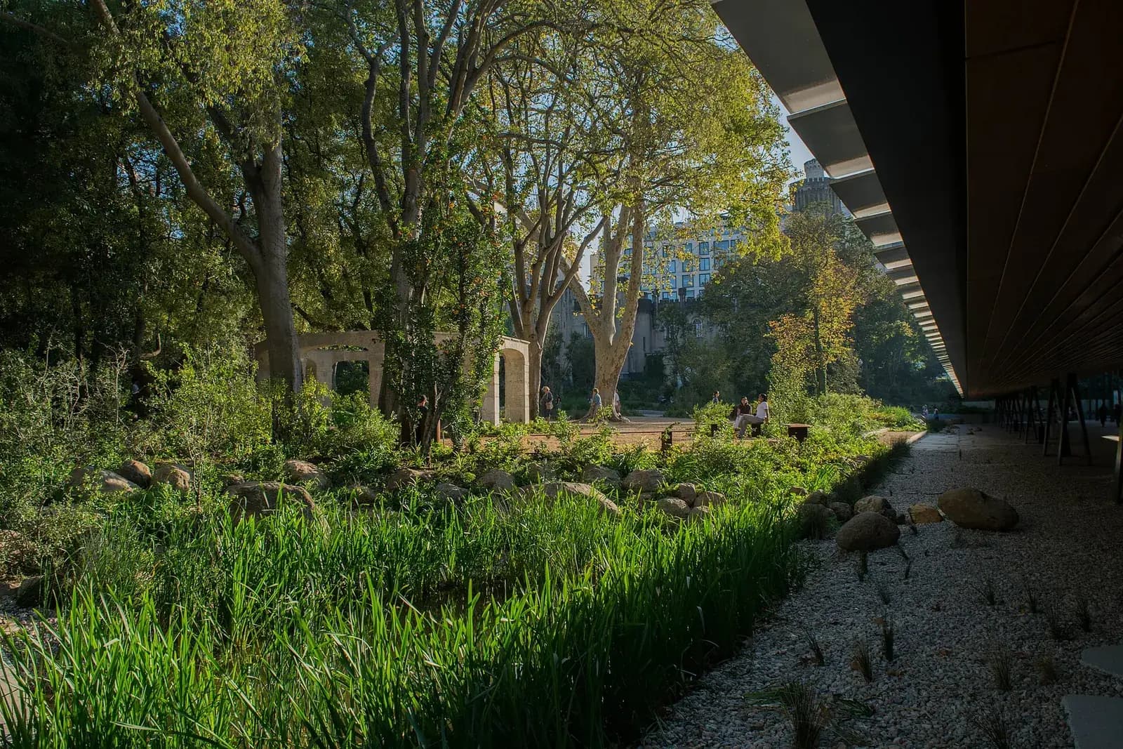 A long, low canopy of slatted panels runs along the right of the picture over a gravel path, beside a planting of tall grasses, rocks, stone arches and mature trees lit by low sun, with city buildings behind.