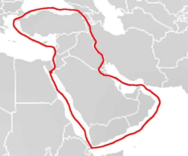 Grey outline map of the Middle East with a hand-drawn red line enclosing Turkey, the Levant, Iraq and the Arabian Peninsula, running down the Red Sea and around the Arabian coast.