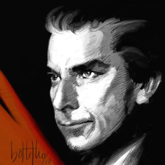 A painted black and white portrait of a dark-haired man looking to the side, set against a black background with a red stripe at the lower left.
