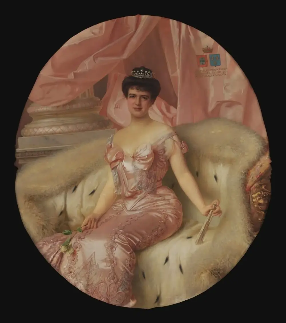 An oval oil portrait of a dark-haired woman in a diamond tiara and a pink satin evening gown, seated on an ermine-lined fur throw against pink drapery. She holds a fan in one hand and a rose in the other. Two coats of arms and a Latin inscription appear at upper right.