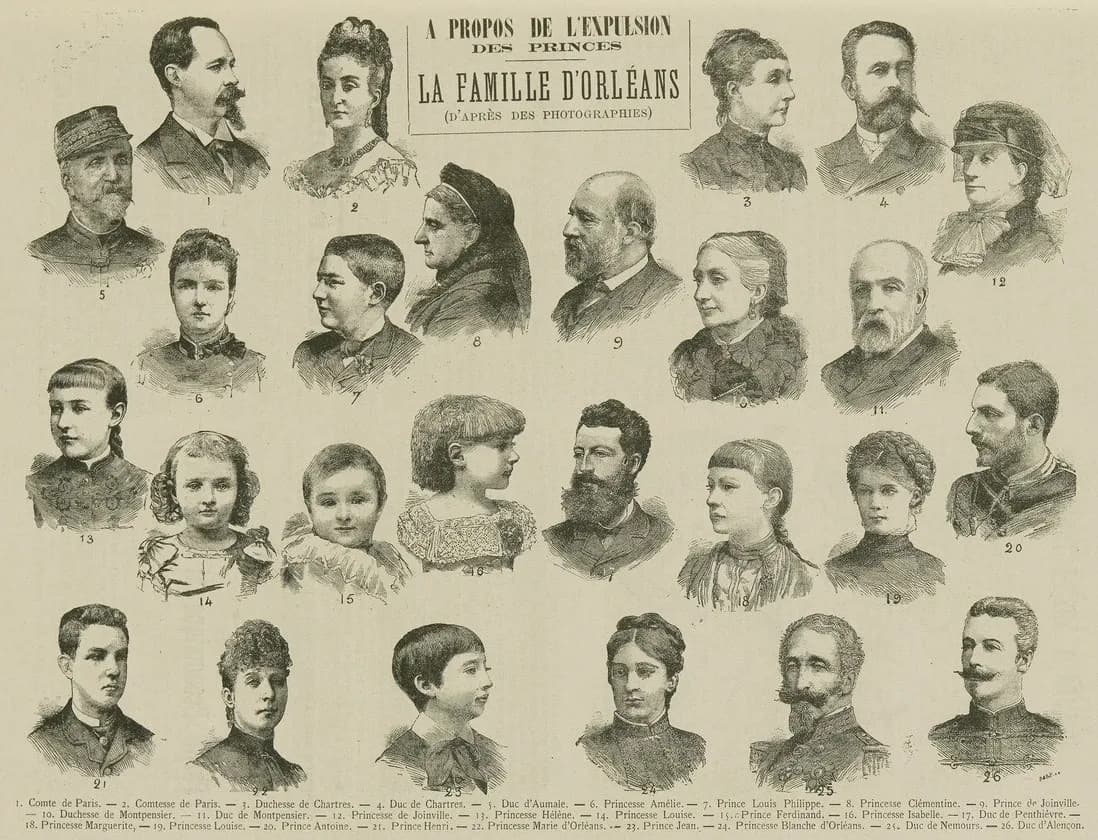 A page of 26 small engraved portrait heads of men, women and children, numbered and arranged in rows under the heading A propos de l'expulsion des princes, La famille d'Orléans. A key at the foot names each sitter.