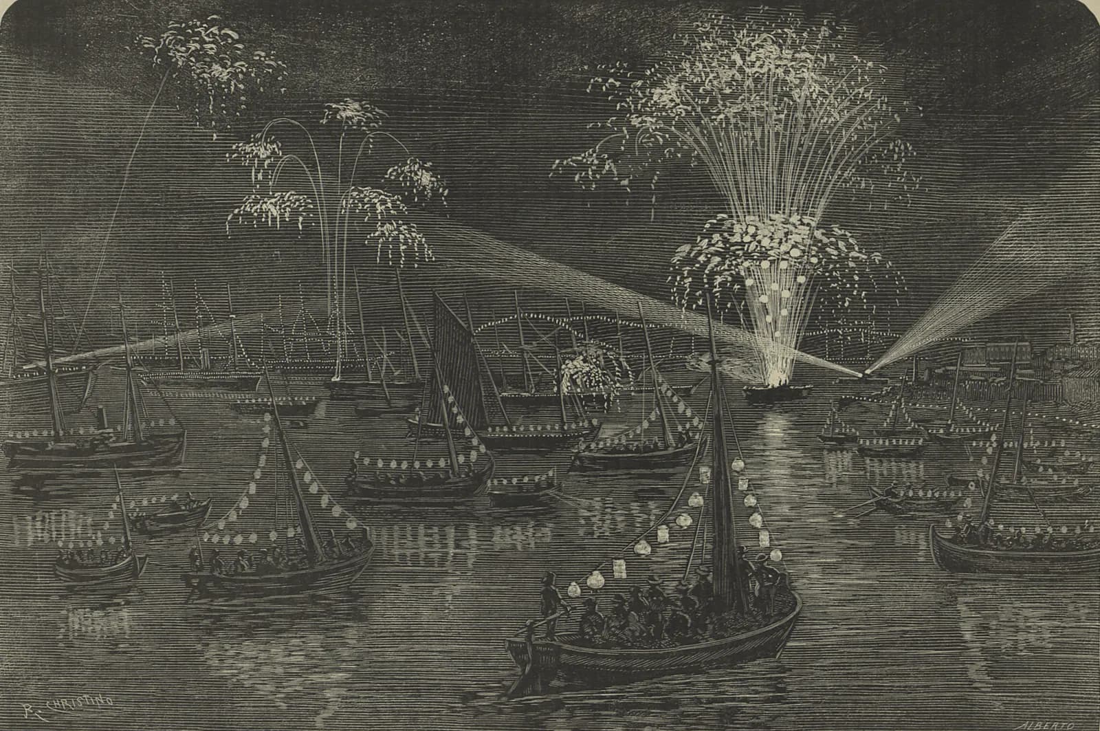 A night engraving of the river crowded with sailing boats and rowing boats hung with strings of paper lanterns. Fireworks burst in the dark sky and two searchlight beams cross the water towards the shore.