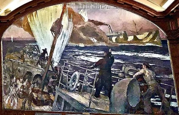 Arched painting of the deck of a small ship in a rough sea: a sailor stands at the rail beside a lifebuoy, another crouches by a gun, figures crowd the left, a tall shell splash rises, and a striped steamer trails smoke on the horizon.