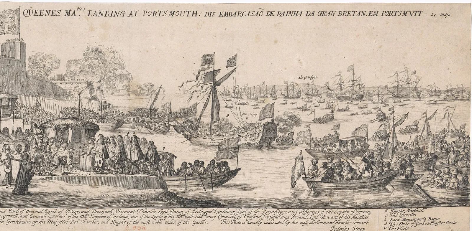 A black and white print of a crowded shore and harbour. On the left, figures in long coats and hats gather by a canopy on a landing stage as a boat full of people comes in; behind them a castle fires a salute, and the water beyond is full of rowing boats and tall sailing ships.