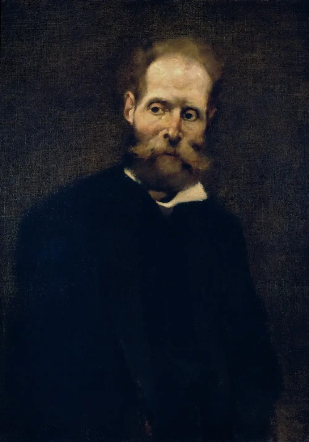 Half-length portrait of a balding man with a full reddish beard and moustache, in a black coat with a white collar. His pale face and wide, sunken eyes emerge from an almost black background, and the edges of his body dissolve into the shadow.