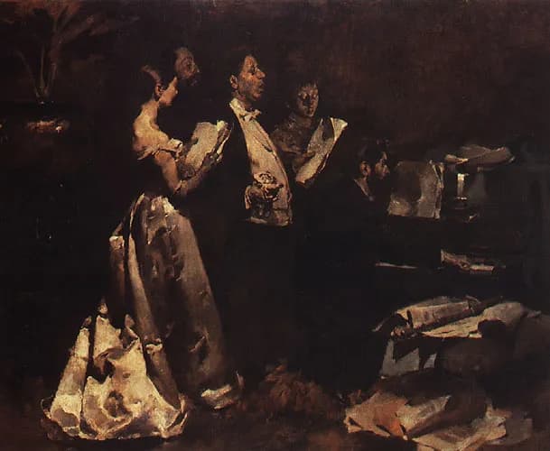 A dark interior with five figures. On the left a young woman in a pale, shining satin dress stands half turned away; beside her are a bearded man, a stout man in a white waistcoat and a woman reading from a score. On the right a man sits at a piano near a candlestick, with loose sheets of music on a sofa and the floor.