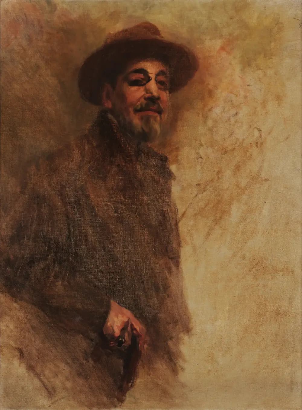 An unfinished painting of an older man in a brown hat and a heavy brown coat, with a grey goatee and a monocle over one eye, holding a walking stick. Only the face is worked in detail; the coat is loosely brushed and the right side of the canvas is pale, sketchy and empty.