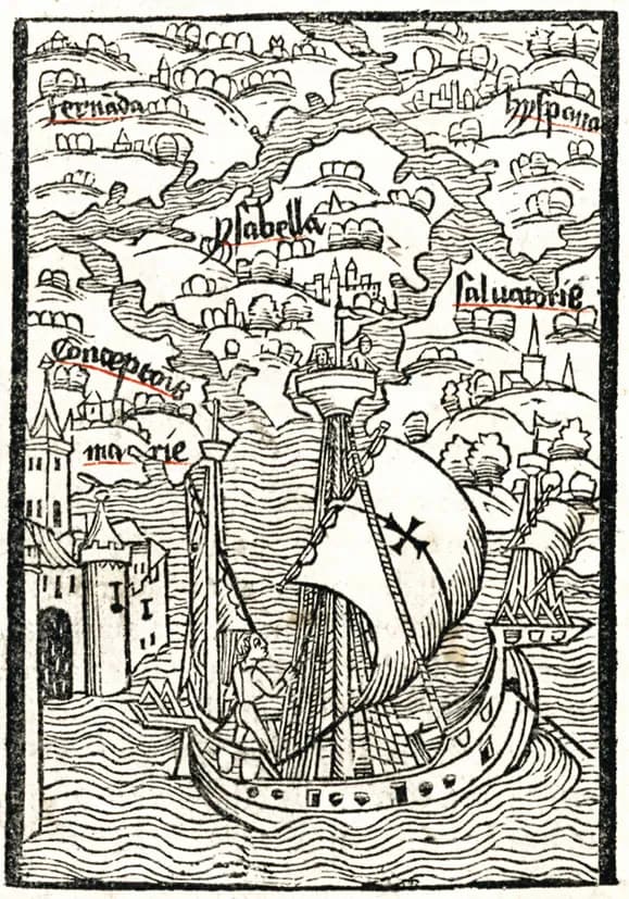 A woodcut of a ship with a cross on its mainsail in the foreground, a man rowing below it, beside a walled town. Behind it rise hilly islands dotted with towns, labelled in Gothic letters underlined in red: fernada, hyspana, ysabella, saluatorie and conceptoris marie.
