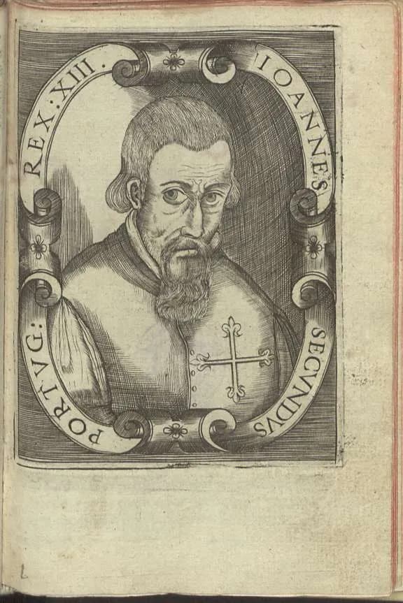 An engraved book portrait of a bearded man with short hair and a stern, frowning face, wearing a high-collared doublet with a cross on the chest, inside an oval scroll frame lettered Ioannes Secundus Portug. Rex XIII.