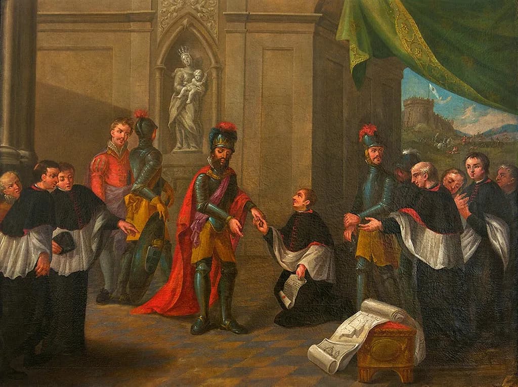 An oil painting of a bearded king in armour and a red cloak, taking the hand of a kneeling cleric who holds a scroll. Canons in black and white robes stand on either side, a statue of the Virgin and Child is in a niche behind, and through an opening a tower flies a white flag.