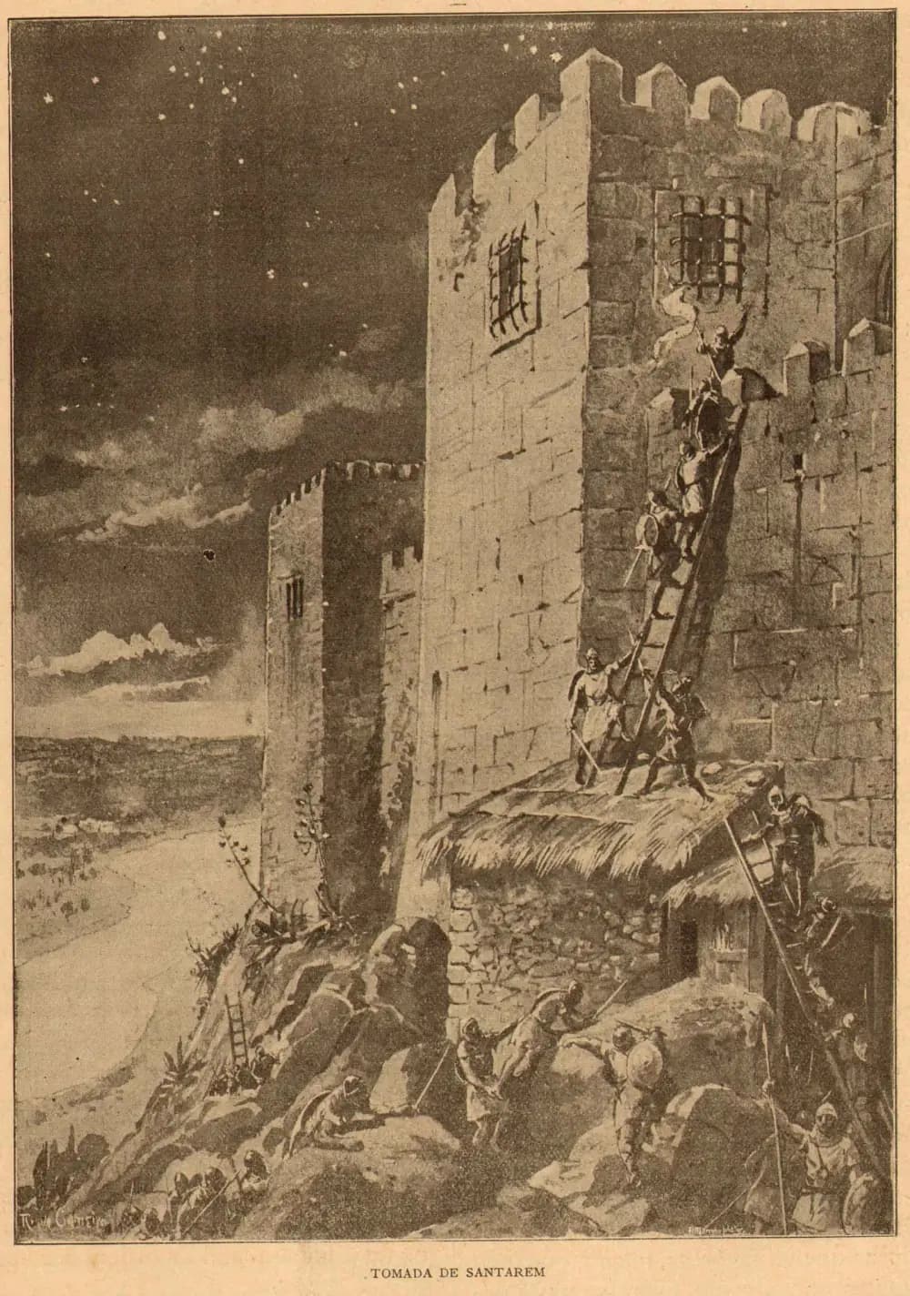 A black-and-white illustration of a starry night. Men climb a ladder set on the thatched roof of a hut against a tall crenellated tower; one at the top waves a banner while others with shields and swords scramble up the rocks below.