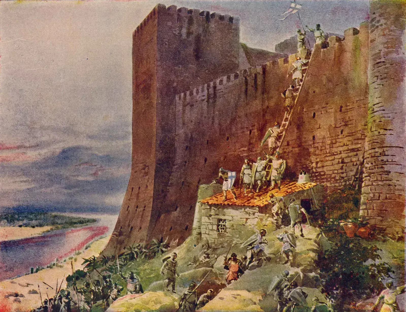 A watercolour of a tall crenellated wall and square tower on a cliff above a river. Armoured men with shields climb a wooden ladder propped on the tiled roof of a small house against the wall, and two of them on the battlements raise a white banner with a blue cross. More men creep up the slope below.