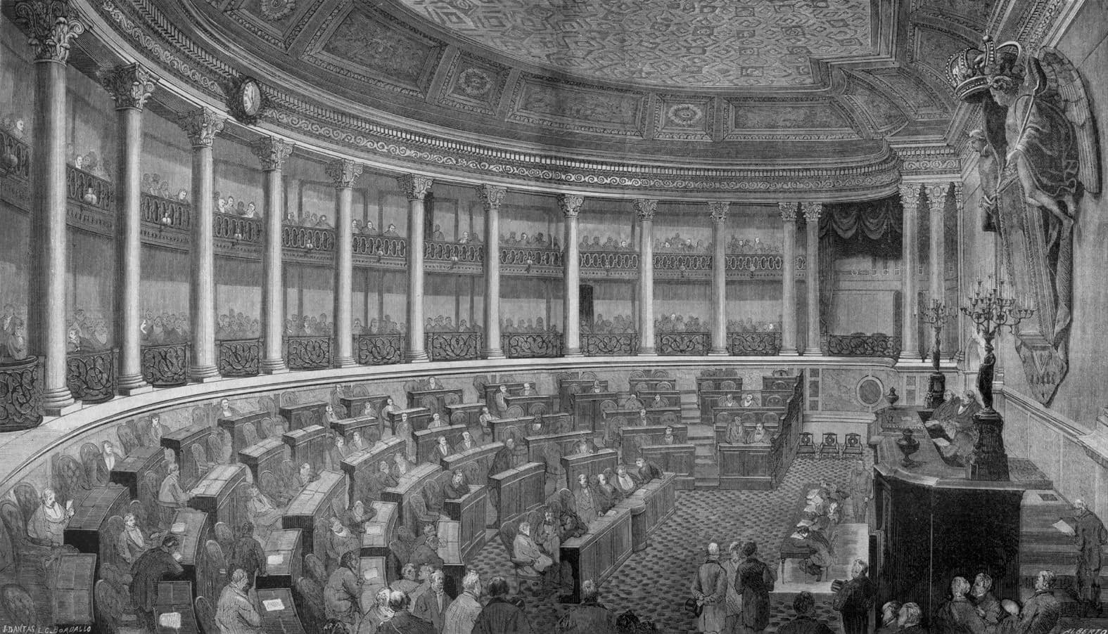 An engraving of a semicircular debating chamber with a coffered ceiling, ringed by columns and two tiers of crowded public galleries. Men in dark coats sit at curved rows of desks facing a raised presiding bench, beside which a large winged figure beneath a crown is carved on the wall.