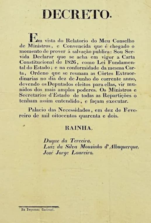 A printed sheet headed DECRETO in large capitals, with a single paragraph of text, the place and date, the word RAINHA and three ministers' names, and the imprint of the national press at the foot.