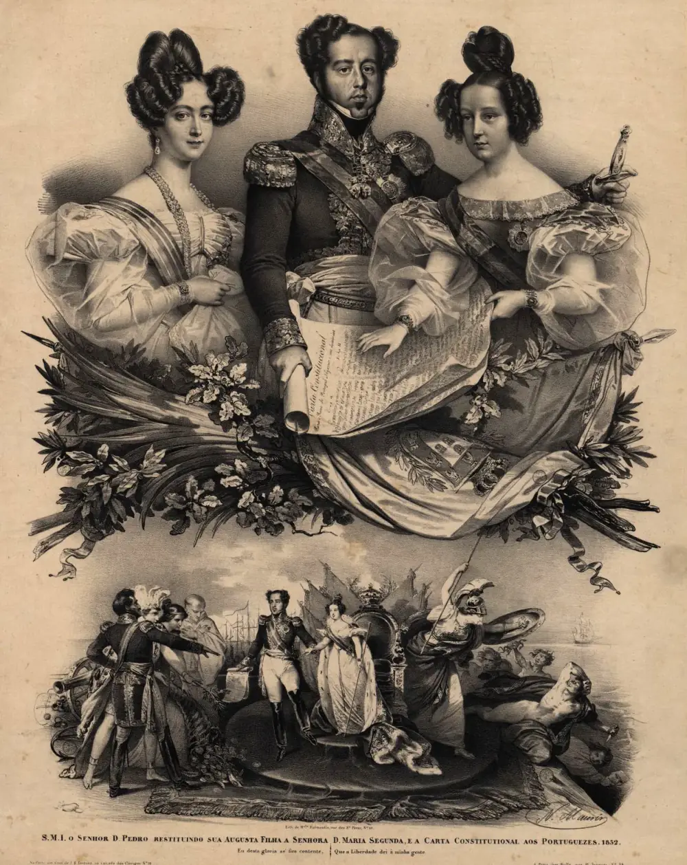 A lithograph with three half-length figures above a garland: a man in a braided military uniform with a sash stands between two young women in puffed-sleeved gowns, and he and the woman on the right hold a large unrolled document headed Carta Constitucional. Below, a small scene shows the same man presenting a young woman on a throne while an armed female figure strikes down a fallen man.