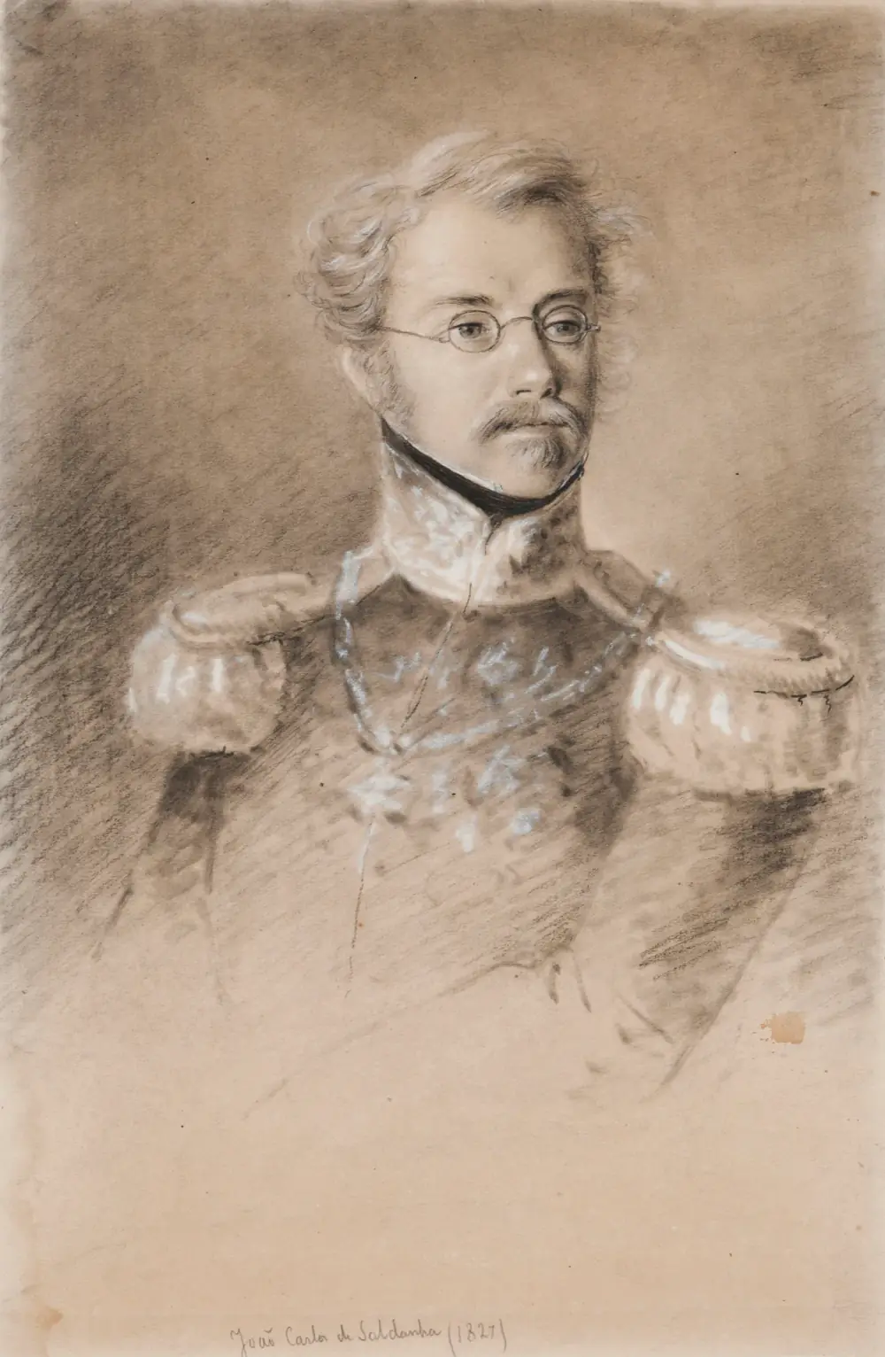 A chalk and charcoal portrait of a man with curly fair hair, side whiskers, a moustache, a small tuft of beard and round spectacles, wearing a high-collared military coat with heavy epaulettes. A handwritten name and the date 1827 are at the foot.