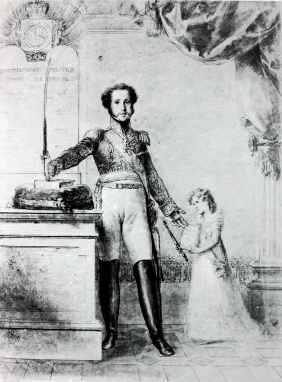 A charcoal and chalk drawing of a tall man in a braided uniform and riding boots, resting a sword on a book laid on a cushion on a stone pedestal, in front of a crowned tablet inscribed Constituição Política. With his other hand he points to a small girl in a long dress holding an open book.