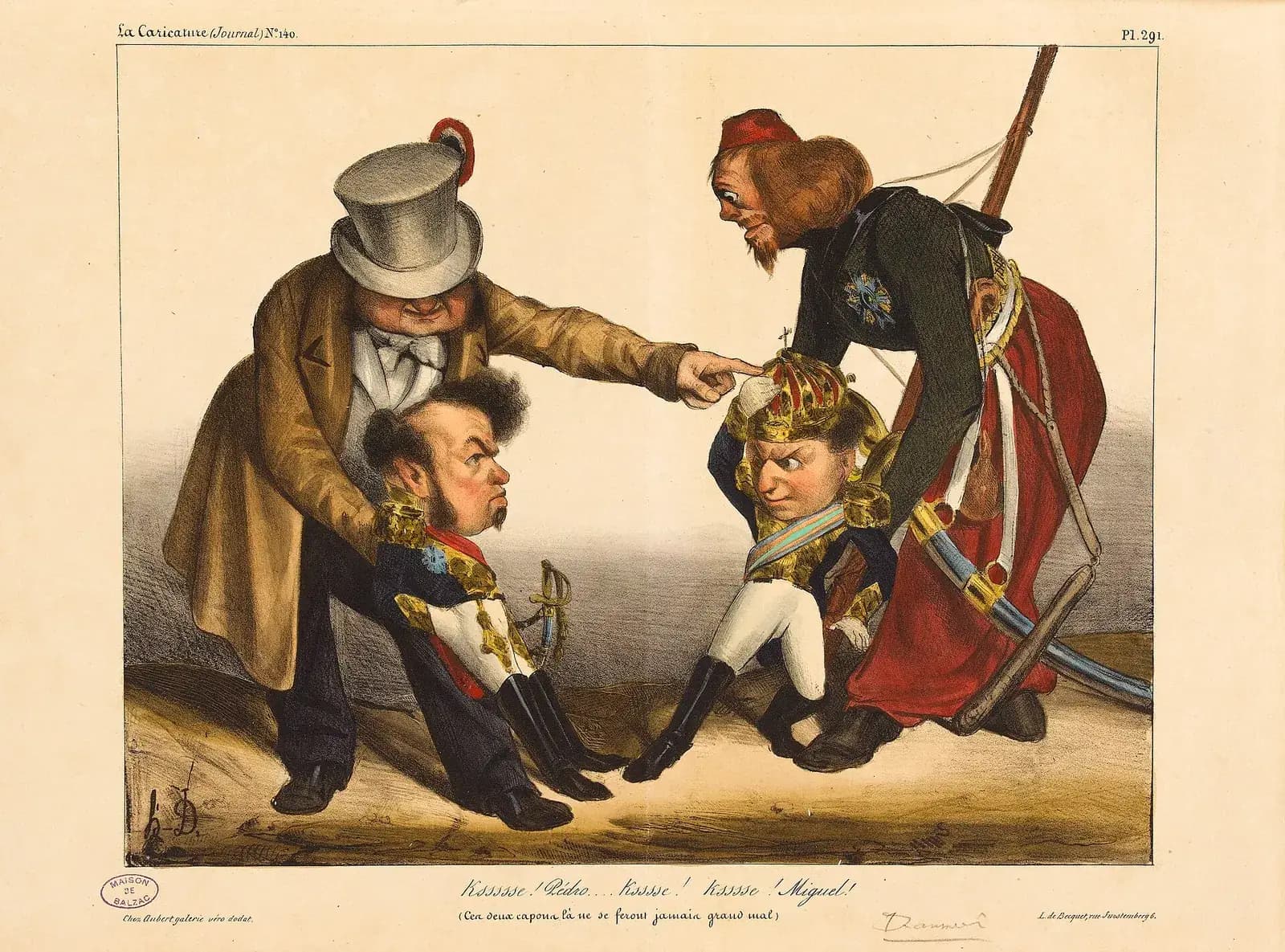 A coloured lithograph caricature. A stout man in a grey top hat with a tricolour cockade pushes a small, scowling uniformed figure forward with one hand and points at a second small figure wearing a crown, who is held from behind by a bearded man in a red fez with a long gun.