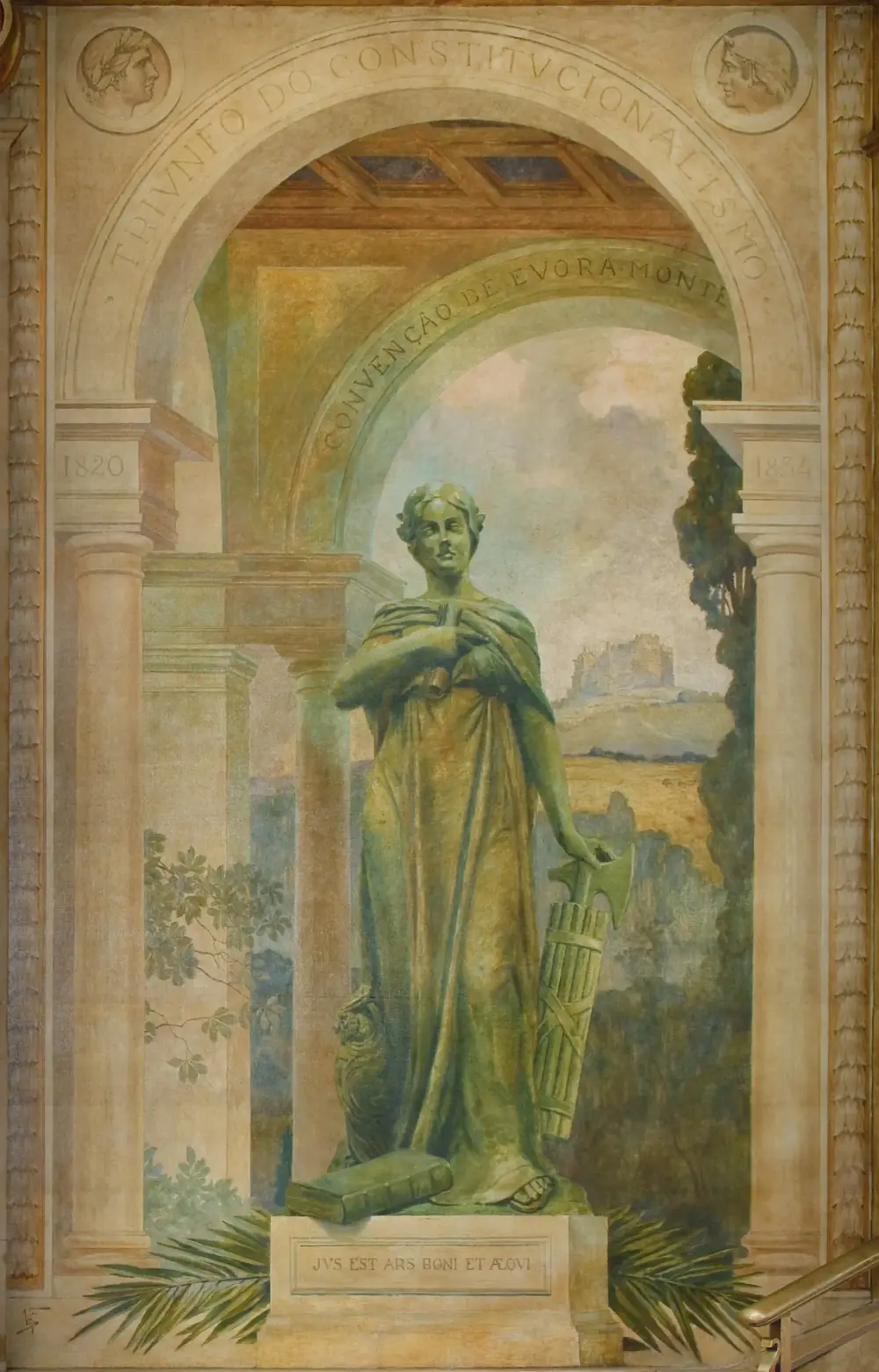 A painted allegory under a classical arch: a robed female statue holding a scroll stands on a plinth beside a bundle of rods with an axe and an owl. Behind her, through an inner arch inscribed Convenção de Évora-Monte, a castle stands on a distant hill. The pillars bear the dates 1820 and 1834.