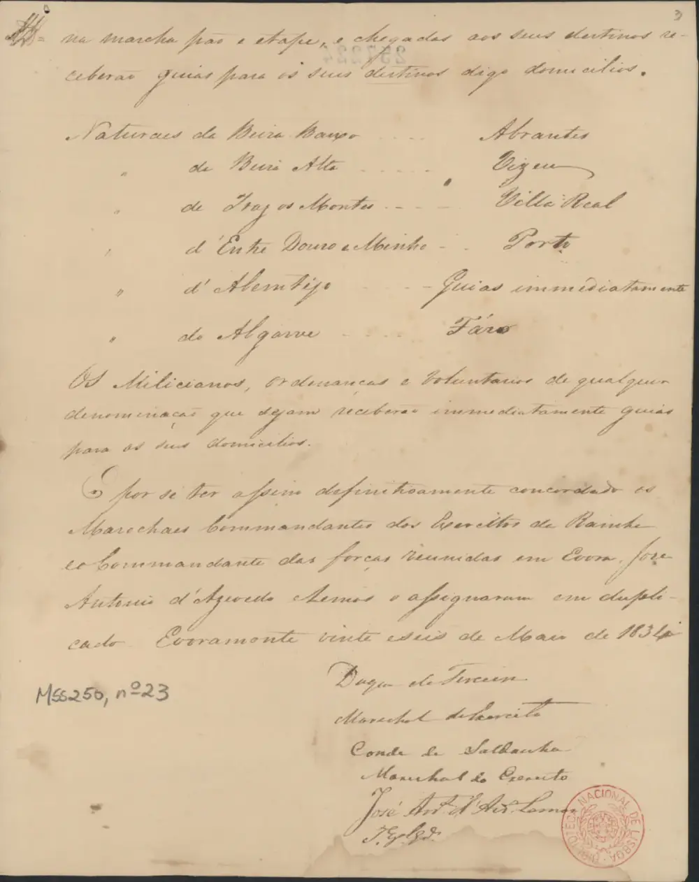 A handwritten page in brown ink on yellowed paper. Below a list of regions and towns, a closing paragraph is followed by three names with their ranks, and a red circular library stamp sits in the bottom right corner.