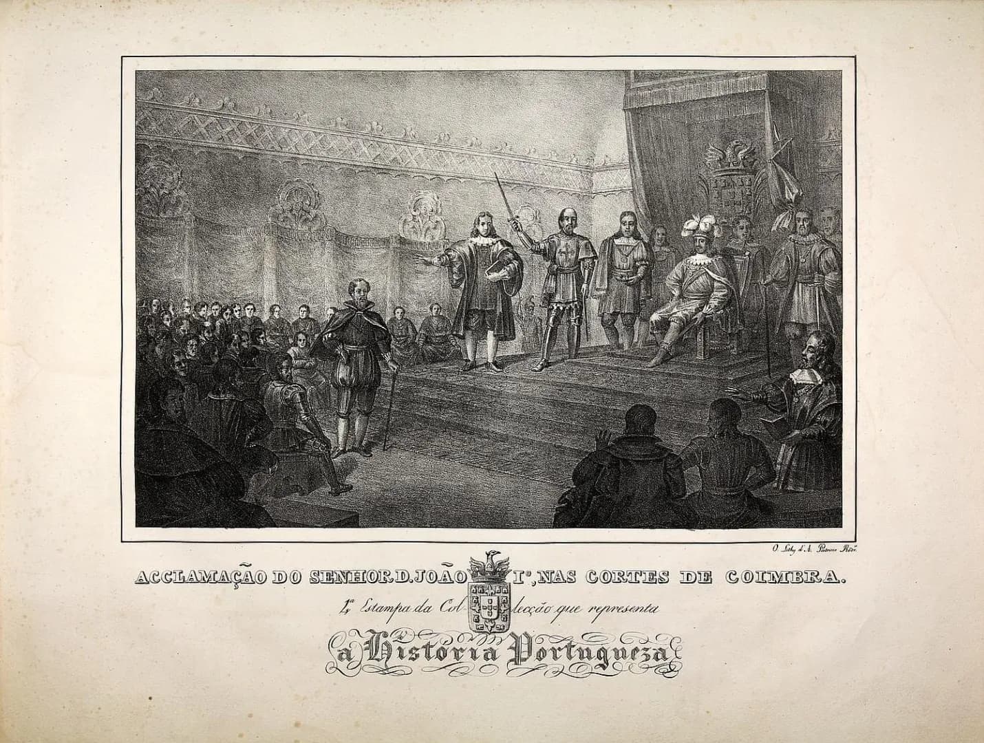 A black and white print of a long hall with patterned walls, titled underneath in ornate lettering. On a stepped dais a man sits on a canopied throne under a coat of arms, while a man in armour beside him raises a sword and a robed man gestures towards rows of seated men in the body of the hall.