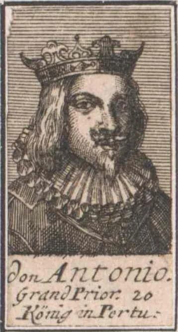 Small engraved bust of a bearded man in a ruff and an open crown, framed by a ruled border, above a caption in German script.