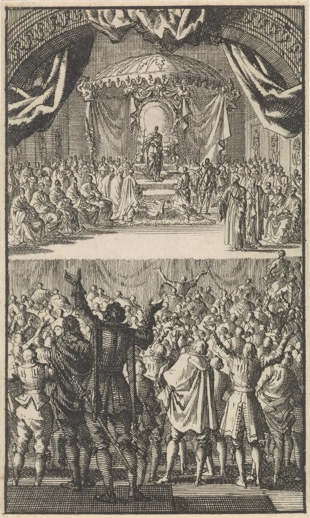 Etching of a king standing on a stepped dais under a domed canopy, with seated clergy and courtiers on either side, while a crowd in the foreground raises its arms and hats.
