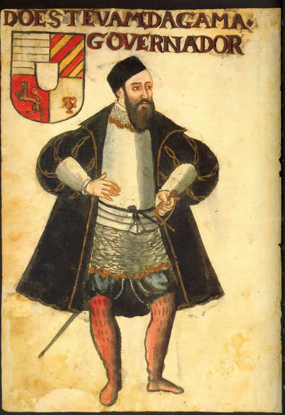 A painted full-length figure of a bearded man in a black cap and a gold-edged black cloak over a white doublet and mail skirt, one hand on his hip and the other on his sword hilt, with red hose. A coat of arms and the words Do Estevam da Gama Governador are at the top.