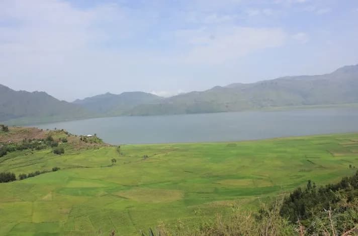 A long grey lake lies between green hills under a hazy sky. In the foreground, bright green fields slope down to the shore.