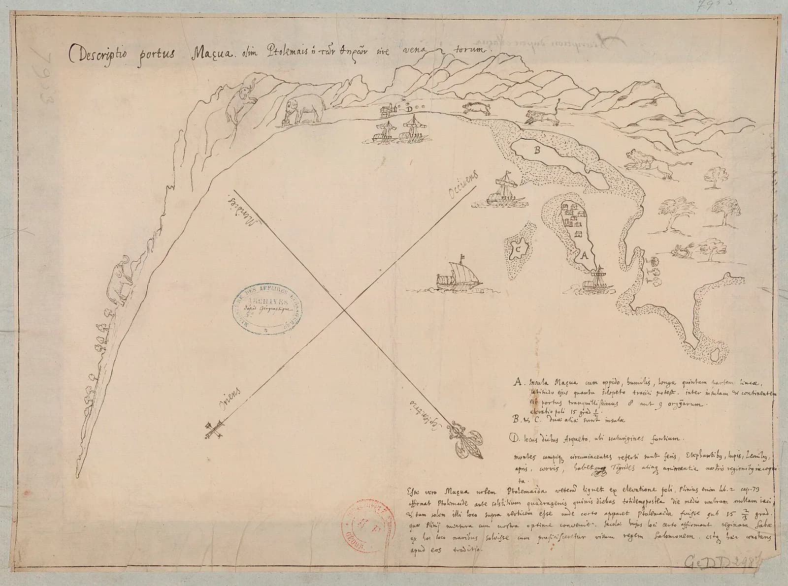 A pen-and-ink chart of a curving bay. Mountains with elephants and other animals line the shore; ships ride at anchor near small islands, one marked A with houses on it. Two crossed compass lines and a block of Latin text fill the lower half.