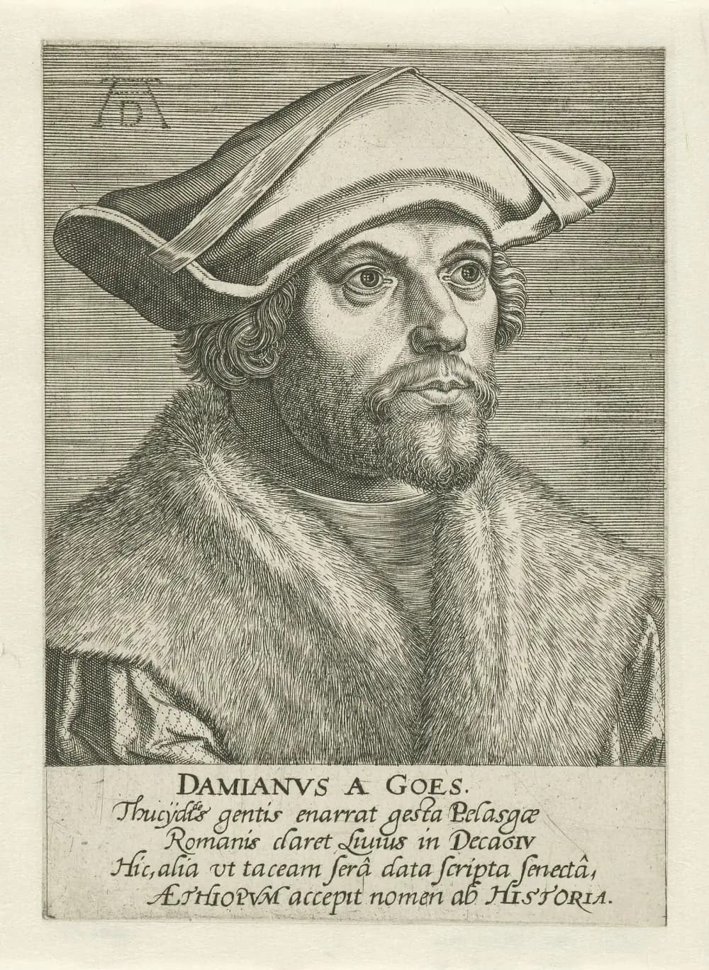 Engraved head-and-shoulders portrait of a bearded man with curly hair in a broad soft cap and a heavy fur collar, looking to the right. A monogram of the letters A and D is at the top left, and below the picture a Latin inscription begins with the name Damianus a Goes.