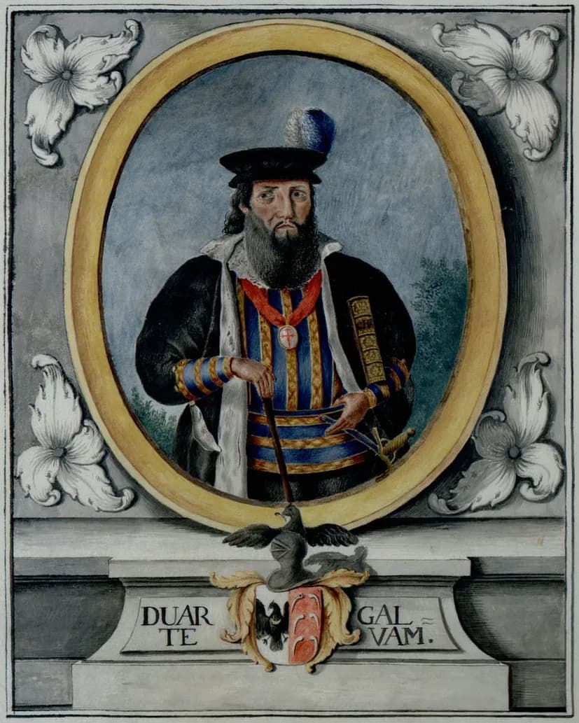 A painted oval portrait of a bearded man in a black cap with a feather and a striped doublet, set in a decorated stone-like frame with flowers at the corners, above a plaque reading Duarte Galvam with a coat of arms in its centre.