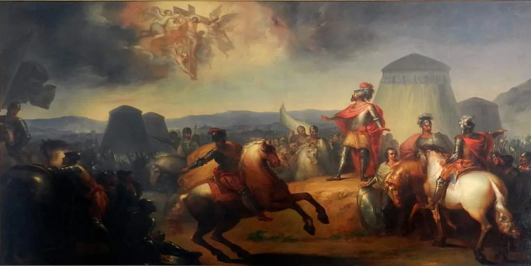 An eighteenth-century oil painting of a battlefield camp: armoured knights on rearing horses and a red-cloaked leader with his arm raised gaze up at a burst of light in the clouds, where Christ on the cross appears among angels. Large conical tents stand behind.