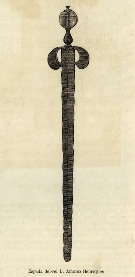 A black-and-white engraving of a long straight sword shown point down, with a round pommel, a short crossguard whose two arms curve down into rounded ends and a blade tapering to the tip, captioned in small print below.