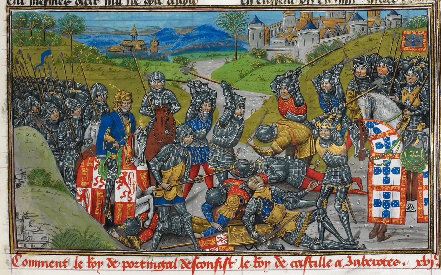A medieval manuscript painting of armoured knights fighting hand to hand with axes and swords among fallen men and horses; on the left a horse in Castilian red and white, on the right a horse draped in the Portuguese arms with blue shields, and a walled town on a hill behind.