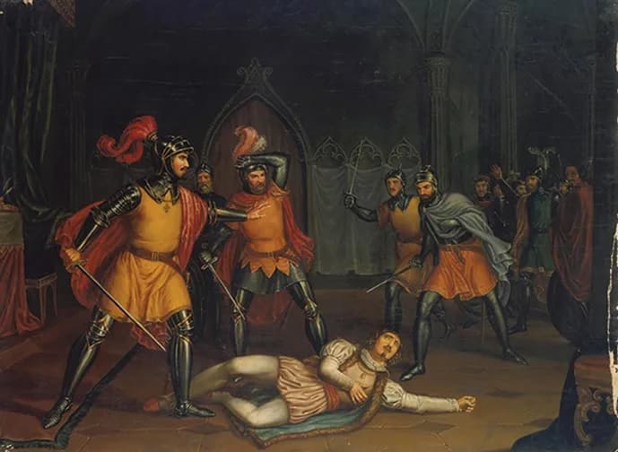 An oil painting of a vaulted Gothic hall: a man in a padded doublet lies dead on the floor while armed men in helmets, plumes and capes stand over him with drawn swords.