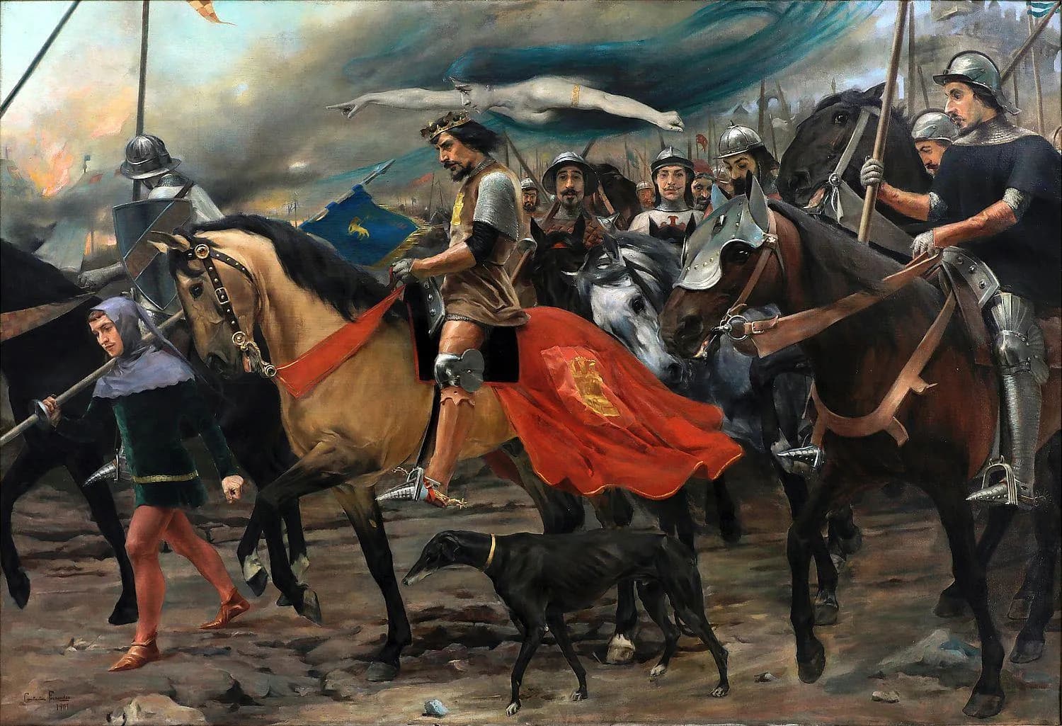 A crowned, bearded king rides a dun horse with a red saddle cloth at the head of a column of helmeted horsemen, a page and a black greyhound at his side, while a pale female figure with long streaming blue-green hair flies overhead pointing the way and tents burn in the background.