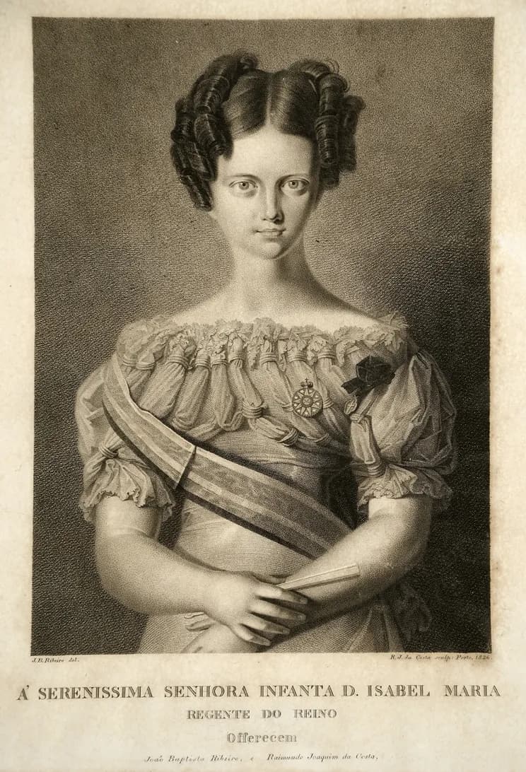 An engraved half-length portrait of a young woman with her hair parted in the middle and set in ringlets, wearing an off-the-shoulder gown with puffed sleeves, a sash across her body and an order on her breast, holding a closed fan. A dedication is engraved beneath.