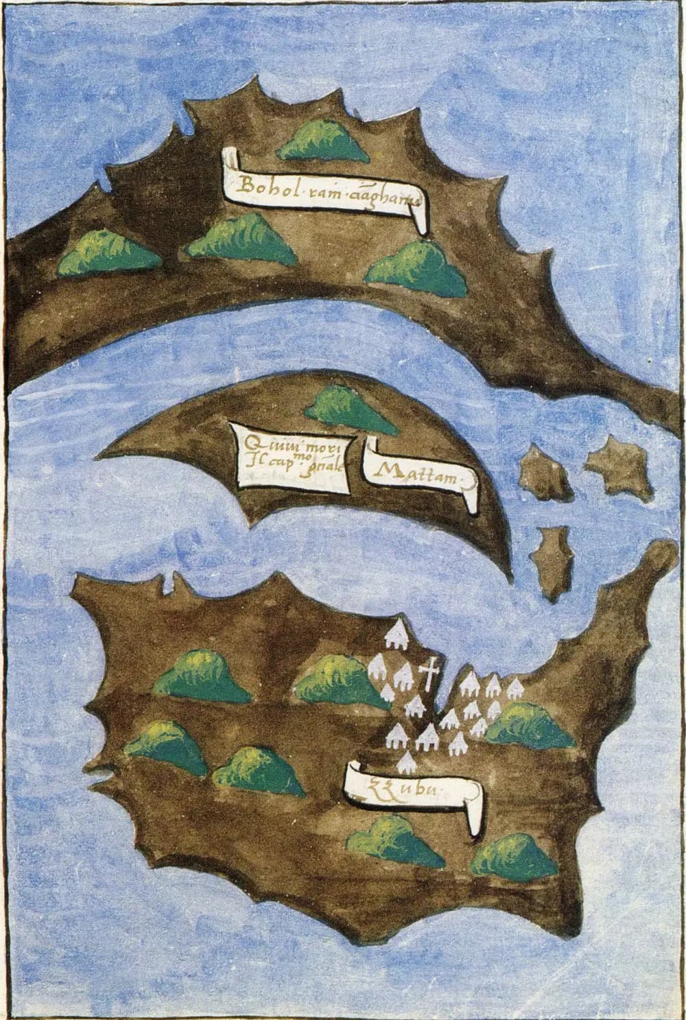 A hand-painted chart in brown, green and blue. At the bottom a large island bears a cluster of white houses and a cross, labelled Zubu. Above it a crescent-shaped island is labelled Mattam, with a second label beside it. At the top a long curved island is labelled Bohol.