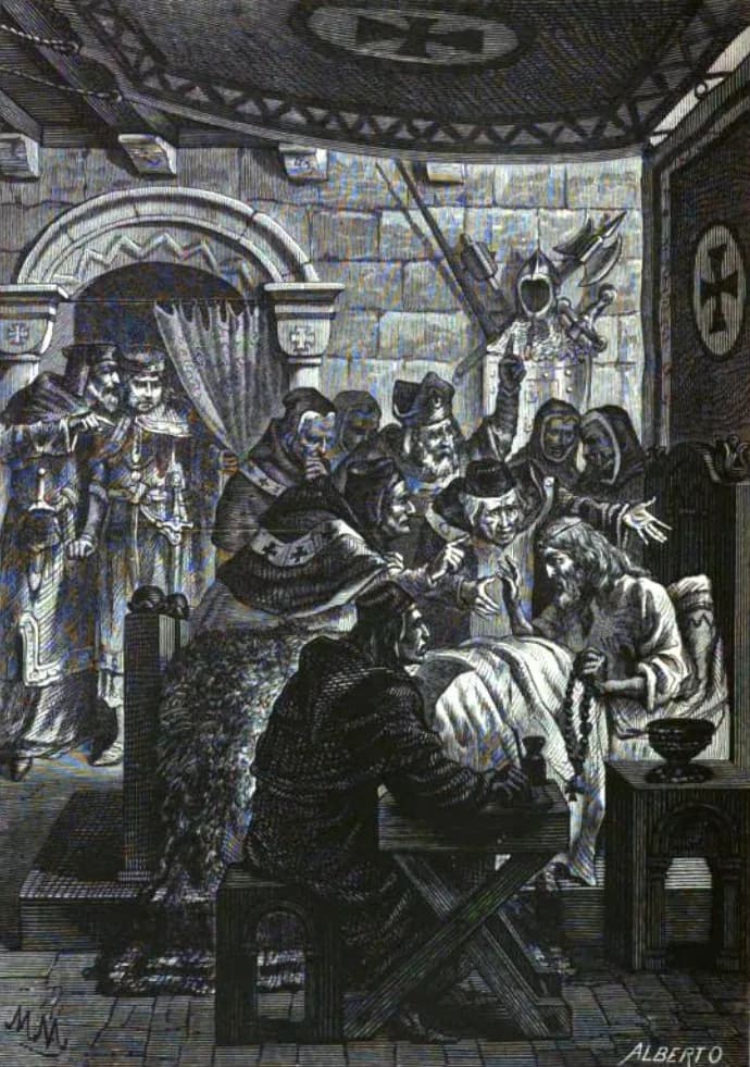 An engraving of a dying bearded king in bed holding a rosary, while bishops in mitres and monks in cowls lean towards him and a scribe sits writing at a table in the foreground, in a vaulted room hung with weapons.