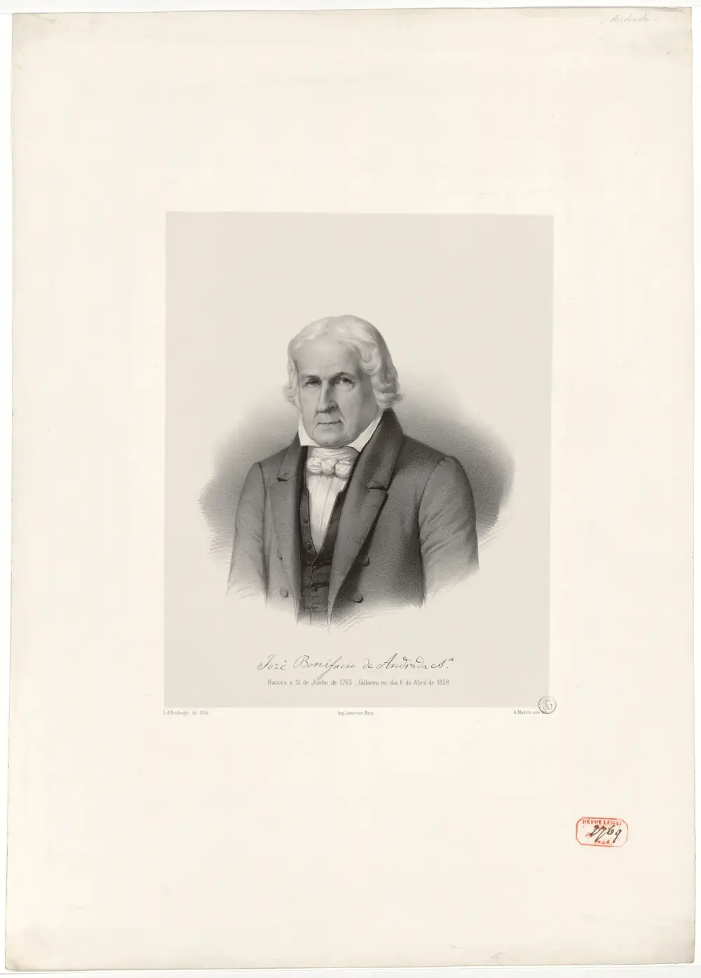 A lithographed bust portrait of an elderly man with white hair brushed back, wearing a dark coat, waistcoat and white neckcloth, with a signature and lines of small print beneath, set in a wide blank margin.