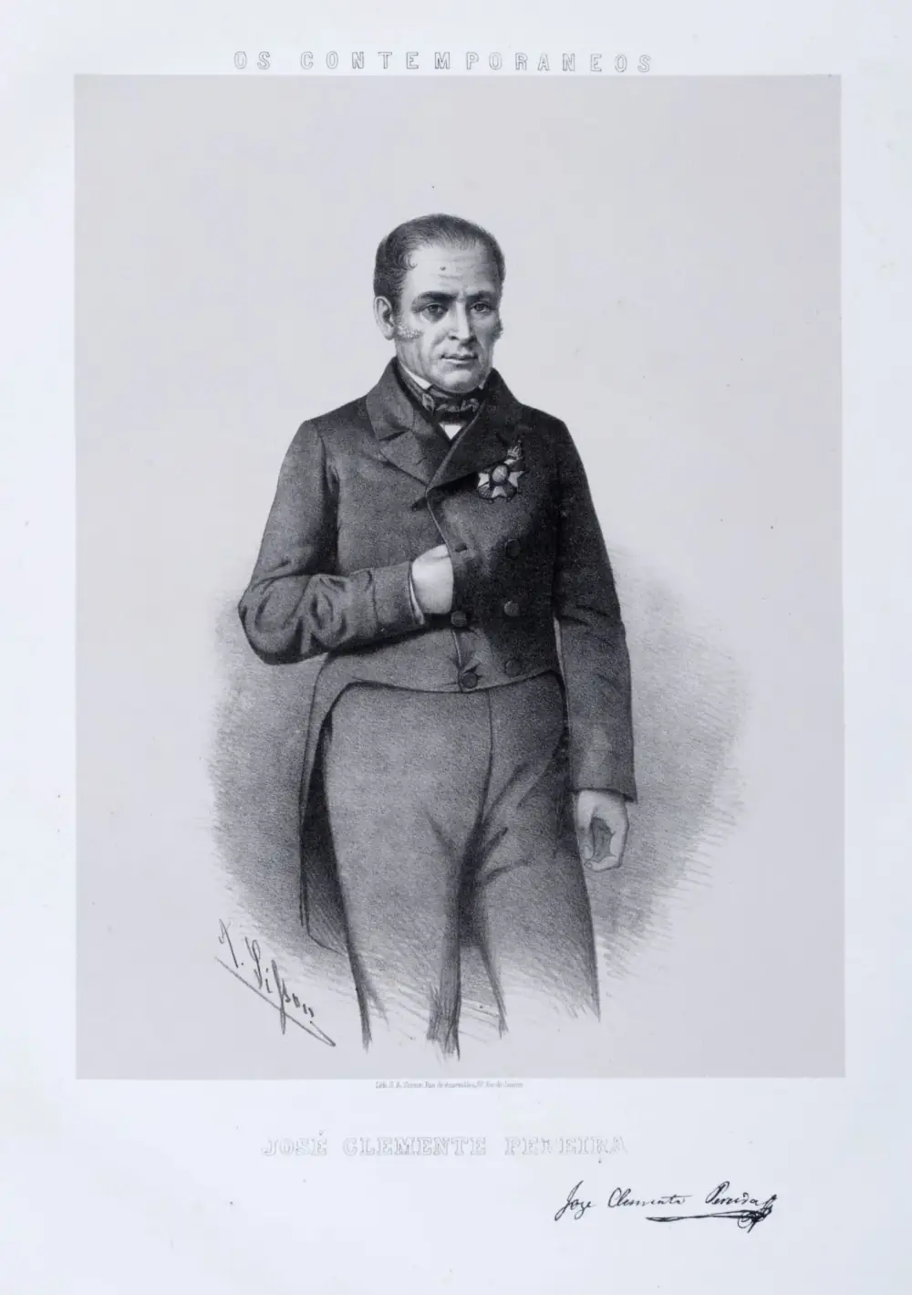 A lithograph of a standing middle-aged man with short hair, in a dark tailcoat with a decoration pinned to his chest and one hand tucked into his waistcoat, above the printed name José Clemente Pereira and his signature.