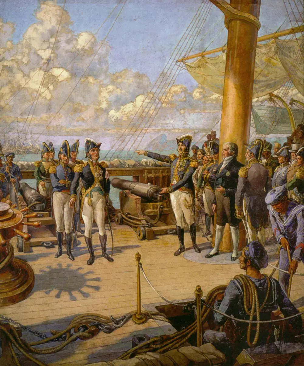 On the deck of a sailing warship, beside a cannon, a young officer in a plumed bicorne points out to sea while facing a group of officers in plumed hats and white breeches. An older man in a dark civilian coat stands behind him, sailors coil ropes in the foreground and a mountain rises across the bay.