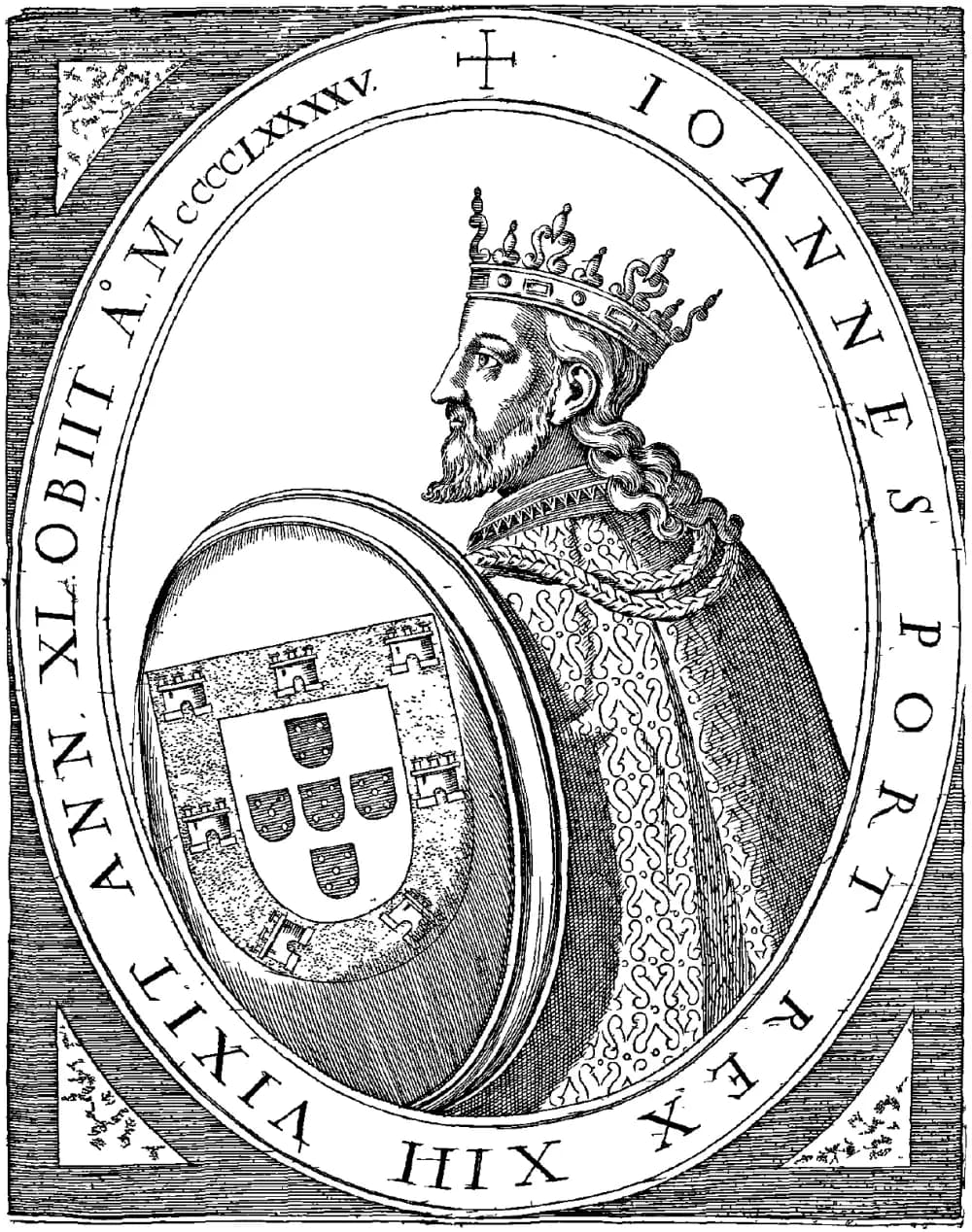 Black-and-white engraving of a bearded king in profile wearing a crown and an embroidered robe, holding a large round shield with the Portuguese royal arms, inside an oval frame with a Latin inscription.