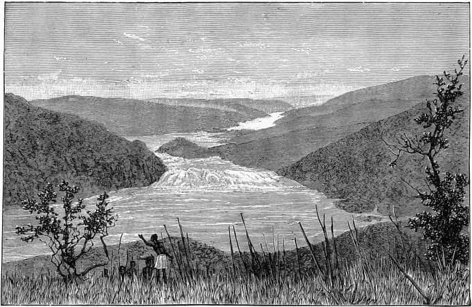 Black-and-white engraving of a broad river pouring over a line of rapids between steep wooded hills, seen from a grassy slope where a small figure stands with an arm raised.